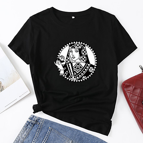

Women's T shirt Portrait Letter Print Round Neck Tops Cotton Basic Basic Top White Black Blue