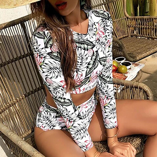 

2021 new bikini european and american swimsuit long-sleeved swimsuit leaf print wetsuit high waist swimsuit manufacturer