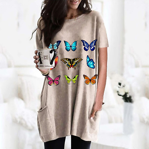 

Women's T shirt Dress Graphic Butterfly Round Neck Tops Basic Basic Top Black Wine Army Green