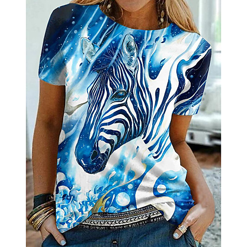 

Women's Abstract 3D Printed Painting T shirt Graphic 3D Animal Print Round Neck Basic Tops Blue