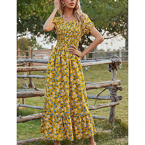 

Women's A Line Dress Maxi long Dress Yellow Short Sleeve Floral Color Block Patchwork Print Fall Summer Square Neck Casual 2021 S M L XL