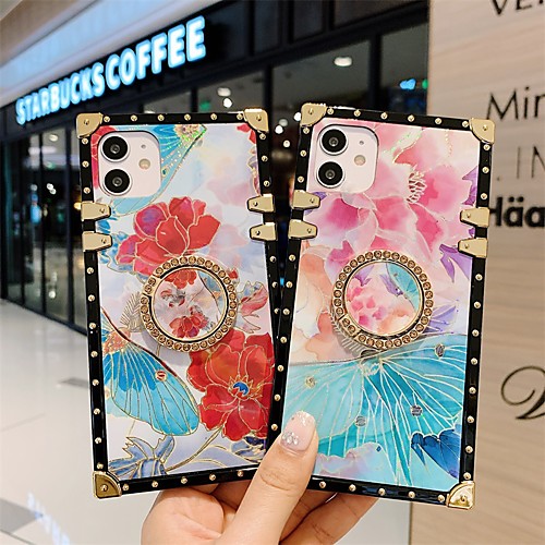 

Luxury Square Bracket Phone Case For Apple Back Cover iPhone 12 Pro Max 11 SE 2020 X XR XS Max 8 7 Shockproof Dustproof Flower Graphic Back Cover With Ring Holder Stand