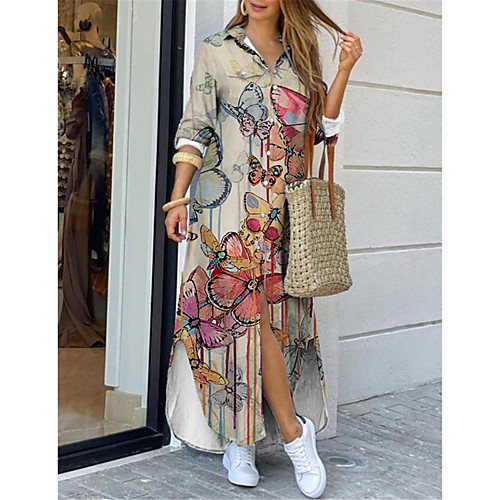 

Women's Shirt Dress Maxi long Dress Beige Long Sleeve Butterfly Animal Print Spring Summer Shirt Collar Casual Holiday 2021 S M L XL XXL 3XL