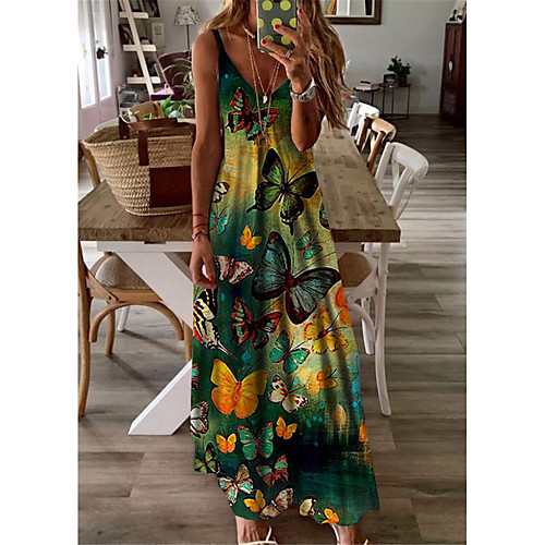 

Women's A Line Dress Maxi long Dress Green Sleeveless Butterfly Animal Print Spring Summer V Neck Casual Holiday 2021 S M L XL XXL 3XL