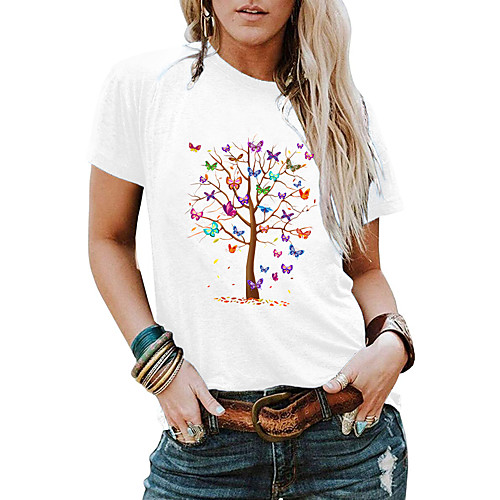 

Women's Butterfly T shirt Graphic Butterfly Print Round Neck Basic Tops 100% Cotton White Black Khaki