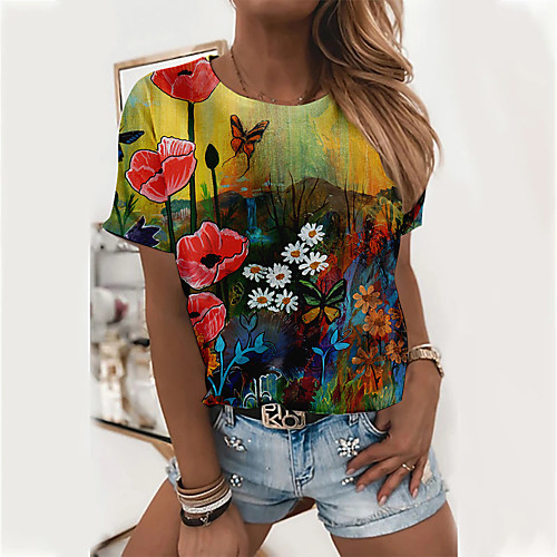 

Women's Floral Theme Painting T shirt Floral Flower Print Round Neck Basic Tops Purple Red Green