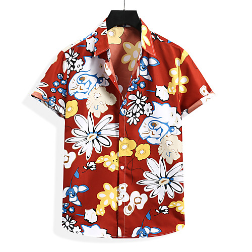 

Men's Shirt Floral Graphic Print Short Sleeve Casual Tops Casual Tropical Beach White Blue Wine