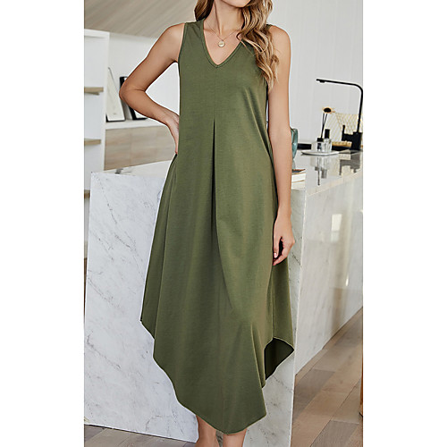 

Women's Swing Dress Maxi long Dress Army Green Sleeveless Solid Color Patchwork Fall Summer V Neck Elegant Casual 2021 S M L XL