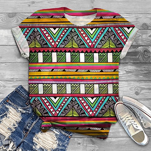 

Women's Plus Size Tops T shirt Graphic Geometry Print Short Sleeve Crewneck Basic Yellow Big Size XL XXL 3XL 4XL 5XL / Loose