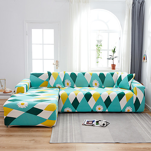 

Green Rhombus Print Dustproof All-powerful Slipcovers Stretch L Shape Sofa Cover Super Soft Fabric Couch Cover Sofa Furniture Protector with One Free Boster Case