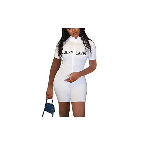 

Women's Basic Sporty Look White Black Yellow Romper Solid Colored Letter Embroidered