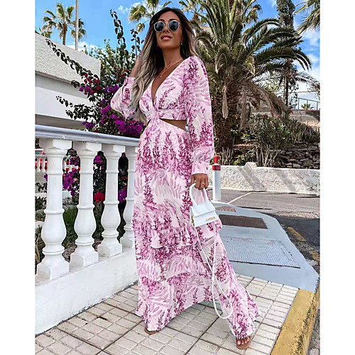 

Women's A Line Dress Maxi long Dress Light Yellow Blushing Pink Sky Blue Light Green Long Sleeve Pattern Summer Casual 2021 S M L XL XXL XXXL