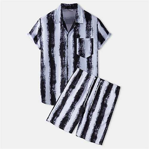 

Men's Shirt Suits Shirt Striped Button-Down Short Sleeve Casual Tops Casual Fashion Hawaiian Breathable Black