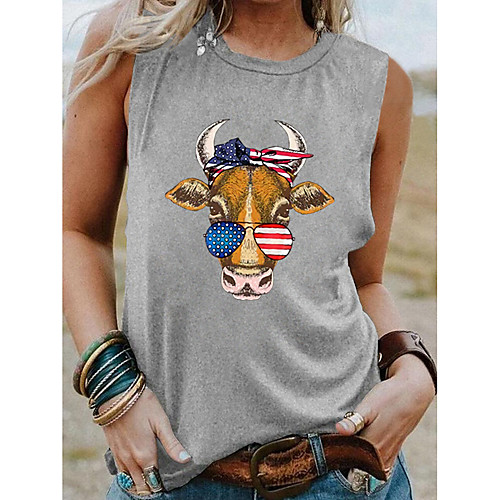 

Women's Independence Day Tank Top T shirt USA Cattle American Flag Print Round Neck Basic Streetwear Tops Wine Light gray Dark Gray