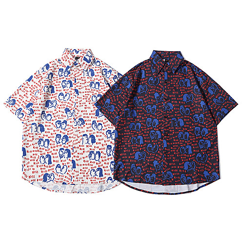 

Men's Shirt Other Prints Cartoon Graphic Button-Down Print Short Sleeve Casual Tops Basic Hawaiian Distressed White Black / Summer