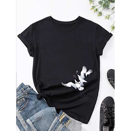 

Women's T shirt Graphic Bird Print Round Neck Basic Tops 100% Cotton Purple Wine Black