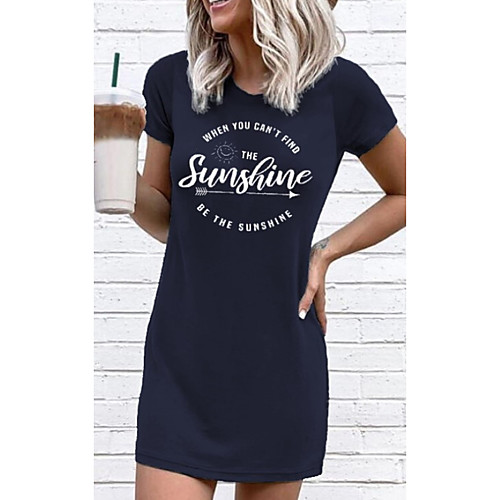 

Women's T Shirt Dress Tee Dress Short Mini Dress Dusty Blue Short Sleeve Letter Print Fall Round Neck Elegant Casual 2021 S M L XL XXL