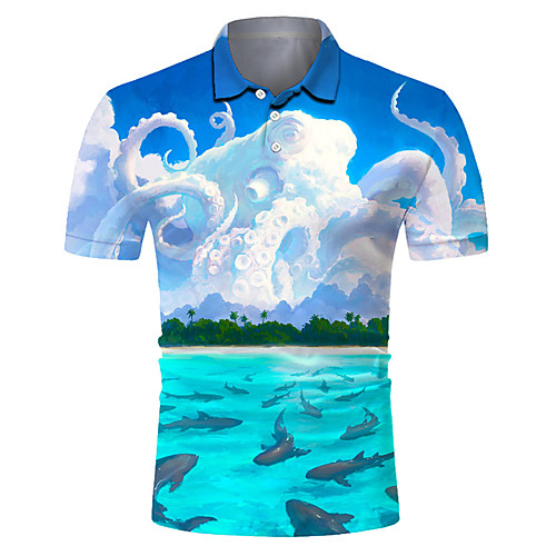 

Men's Golf Shirt Tennis Shirt 3D Print Scenery Octopus Button-Down Short Sleeve Street Tops Casual Fashion Cool Breathable Blue / Sports