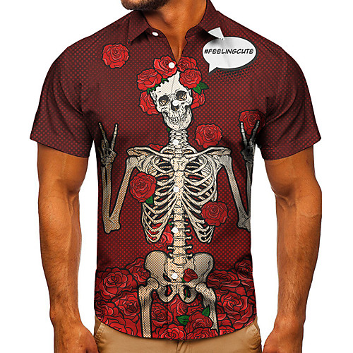 

Men's Shirt 3D Print Graphic Prints Skull Button-Down Short Sleeve Street Tops Casual Fashion Classic Breathable Red