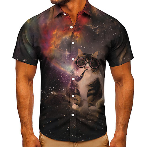 

Men's Shirt 3D Print Cat Graphic Prints Button-Down Short Sleeve Street Tops Casual Fashion Classic Breathable Black