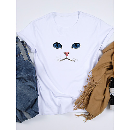 

Women's T shirt Cat Graphic Print Round Neck Tops 100% Cotton Basic Basic Top White Purple Yellow