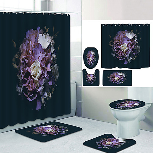 

Multicolor Peanut Flower Digital Printing Four-piece Set Shower Curtains and Hooks Modern Polyester Machine Made Waterproof Bathroom