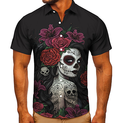 

Men's Shirt 3D Print Graphic Prints Skull Button-Down Short Sleeve Street Tops Casual Fashion Classic Breathable Black