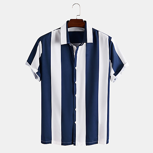 

Men's Shirt Striped Button-Down Short Sleeve Casual Tops Lightweight Casual Fashion Breathable Navy Blue