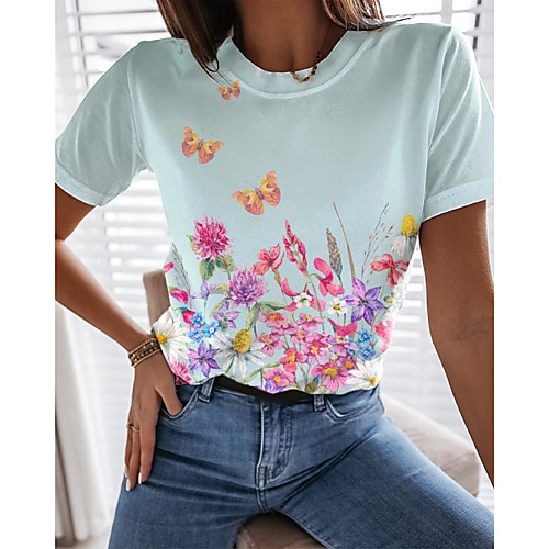 

Women's Floral Theme Painting T shirt Floral Butterfly Print Round Neck Basic Tops Green