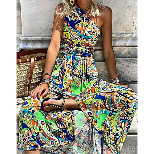 

Women's A Line Dress Maxi long Dress Green Sleeveless Print Color Block Patchwork Print Fall Summer One Shoulder Casual 2021 S M L XL