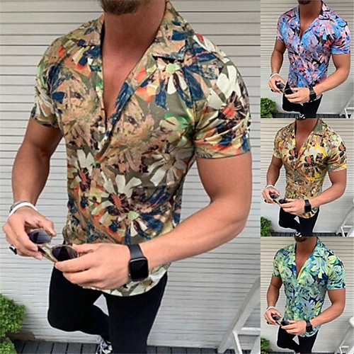 

Men's Shirt Floral Button-Down Short Sleeve Casual Tops Casual Fashion Hawaiian Breathable Yellow Green Gray