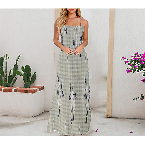 

Women's Strap Dress Maxi long Dress Yellow Blushing Pink Green Black Sleeveless Pattern Spring Summer Casual / Daily 2021 S M L XL XXL