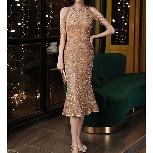 

Mermaid / Trumpet Sparkle Sexy Homecoming Cocktail Party Dress Jewel Neck Sleeveless Tea Length Sequined with Sequin 2021