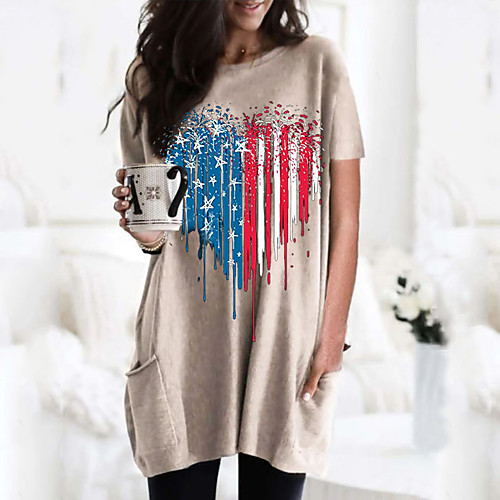 

Women's T shirt Dress Graphic Flag Round Neck Tops Basic Basic Top Black Wine Army Green