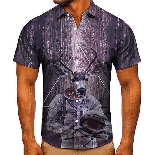 

Men's Shirt 3D Print Graphic Prints Deer Button-Down Short Sleeve Street Tops Casual Fashion Classic Breathable Dark Gray