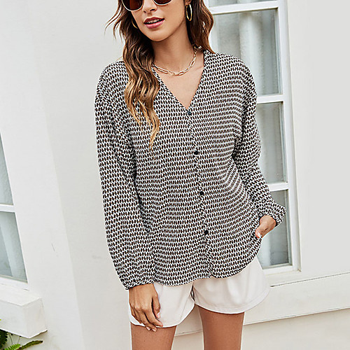 

Women's Blouse Houndstooth Long Sleeve V Neck Basic Streetwear Tops Khaki