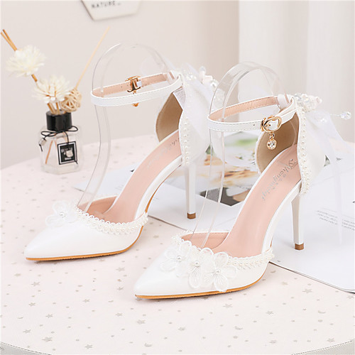 

Women's Wedding Shoes Stiletto Heel Pointed Toe Wedding Pumps PU Bowknot Buckle Lace Solid Colored White