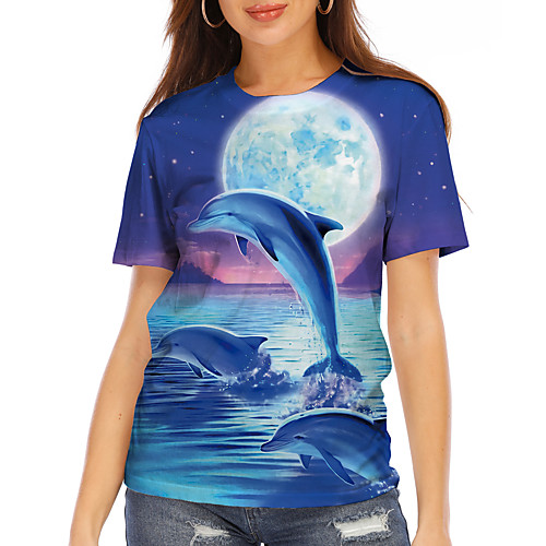 

Women's Holiday 3D Printed Painting T shirt Graphic Scenery Print Round Neck Basic Tops Blue