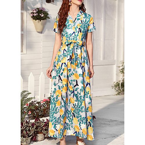 

Women's A Line Dress Maxi long Dress Blue Beige Short Sleeve Print Color Block Print Fall Summer Shirt Collar Casual 2021 S M L XL