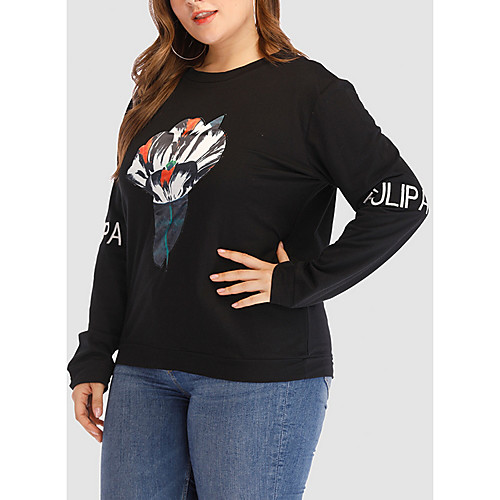 

Women's Plus Size Tops Pullover Sweatshirt Floral Long Sleeve Crewneck Black Big Size XL XXL 3XL 4XL 5XL