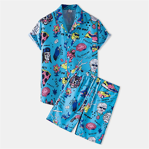 

Men's Shirt Suits Shirt Skull Portrait Button-Down Short Sleeve Casual Tops Cotton Casual Fashion Hawaiian Breathable Blue / Beach
