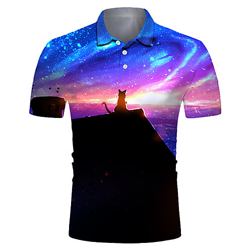 

Men's Golf Shirt Tennis Shirt 3D Print Cat Starry Sky Animal Button-Down Short Sleeve Street Tops Casual Fashion Cool Breathable Purple / Sports