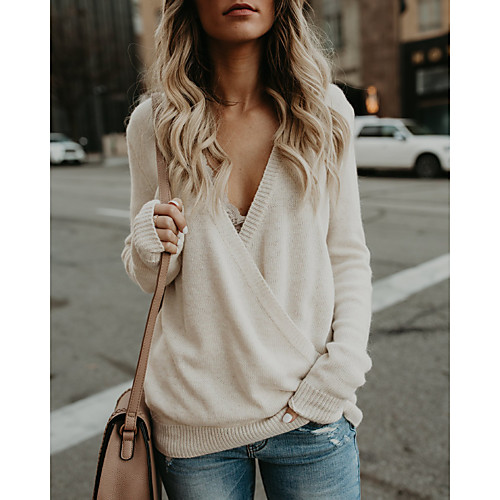 

Women's Solid Color Cardigan Long Sleeve Sweater Cardigans V Neck Creamy-white Gray