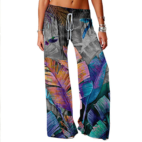 

Women's Basic Soft Comfort Daily Home Wide Leg Pants Plants Tropical Full Length Elastic Drawstring Design Print Blue Gray