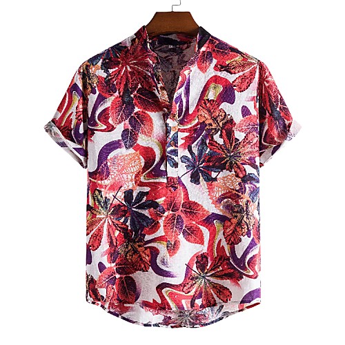 

Men's Shirt Other Prints Graphic Leaves Short Sleeve Daily Tops Ethnic Style Red / White