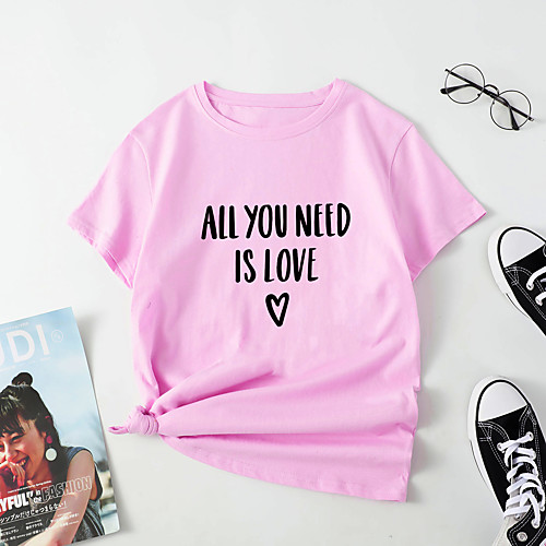 

Women's T shirt LOVE Letter Print Round Neck Tops Cotton Basic Basic Top White Blue Red