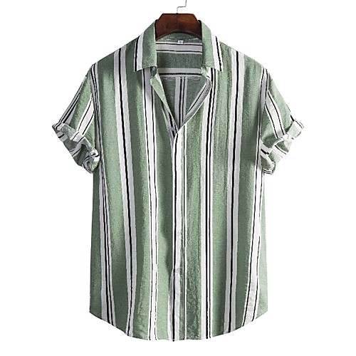

Men's Shirt Striped Short Sleeve Casual Tops Simple Light Green Navy Blue