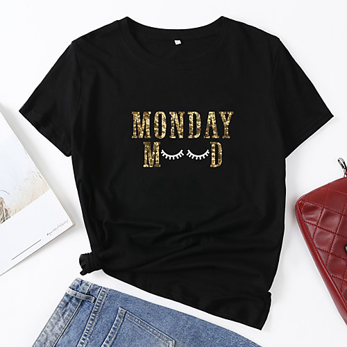 

Women's T shirt Eye Letter Print Round Neck Tops Cotton Basic Basic Top Black Blue Red