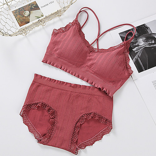 

Women's Bra & Panty Set Wireless Full Coverage Lace Sexy Blushing Pink