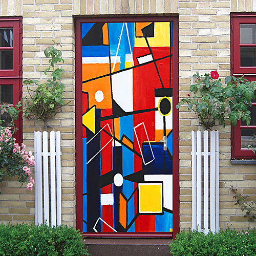 

2pcs Self-adhesive Creative Geometric Oil Painting Pattern Door Stickers For Living Room Diy Decoration Home Waterproof Wall Stickers